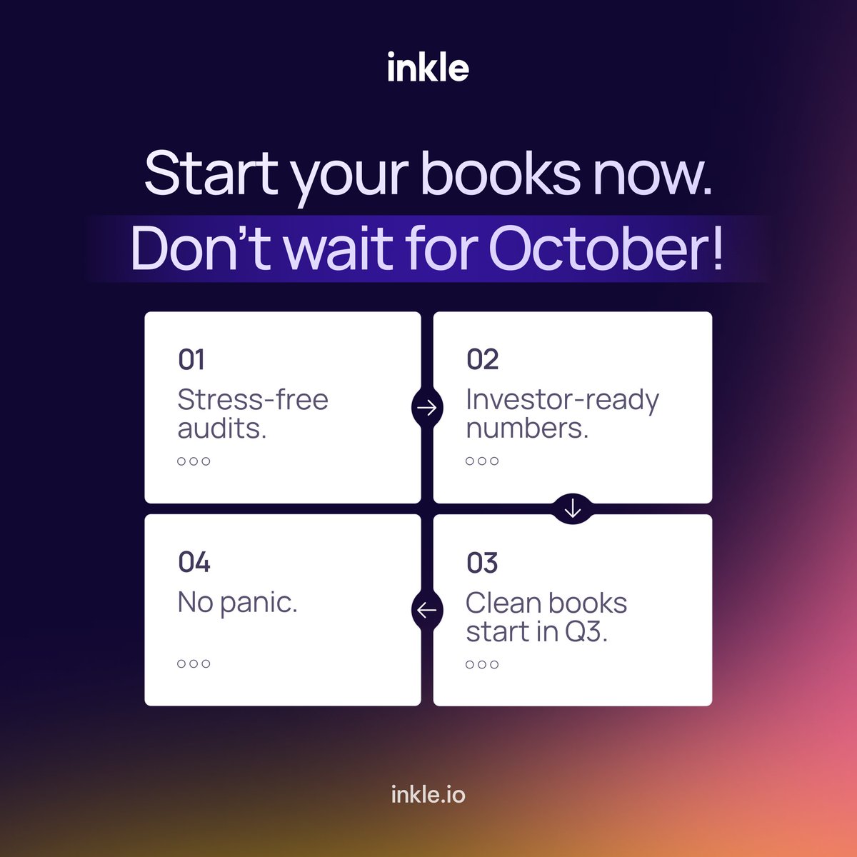 When October feels like a mid-year January for your books

If you're scrambling to make sense of your numbers this late in the year, you're not alone.

➝ Bookkeeping chaos
➝ Missed filing deadlines
➝ Financial blindspots turning into business bottlenecks

October is your
