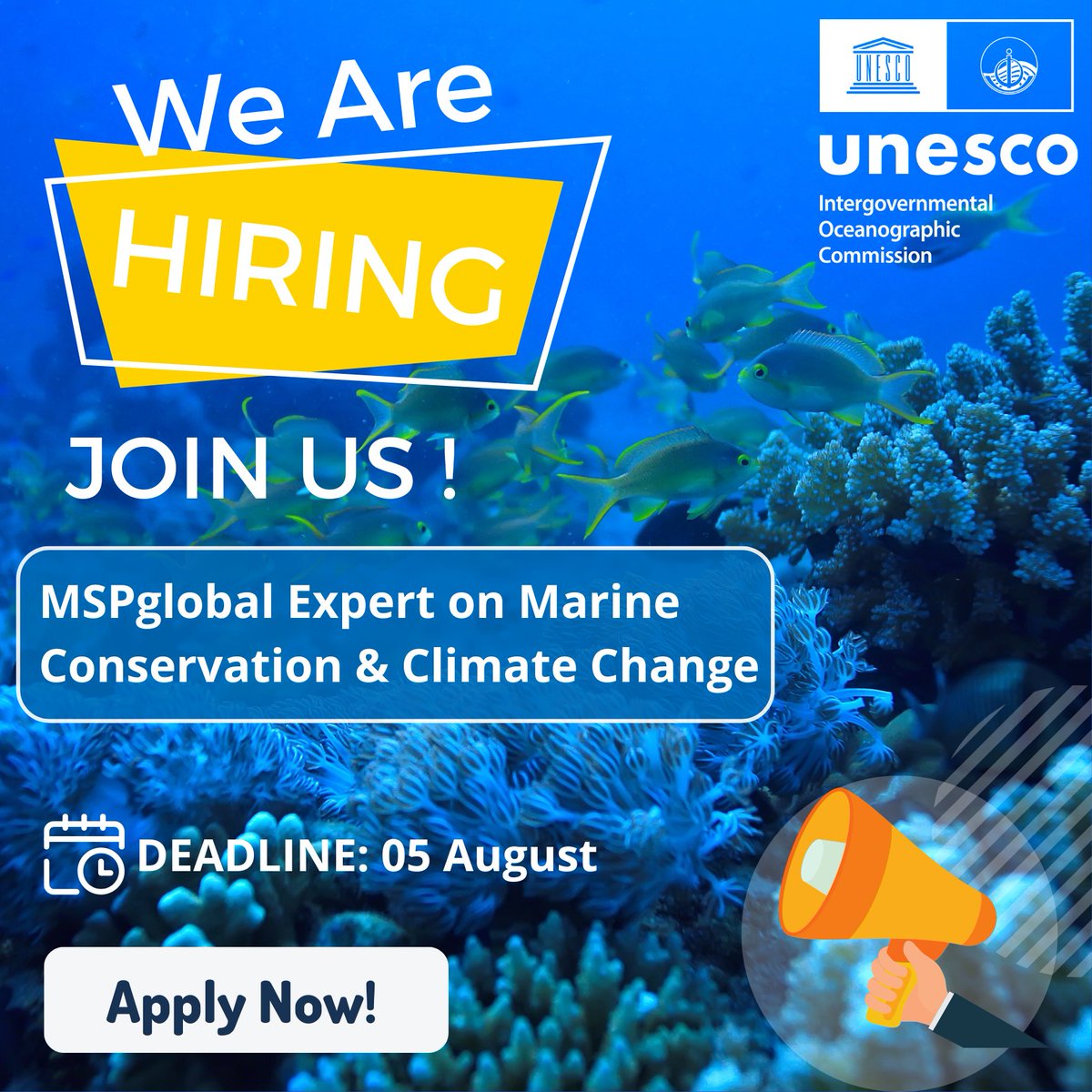 🌍 Join the <a href="/mspglobal2030/">MSPglobal</a> Team as an Expert on Marine Conservation &amp; Climate Change 🌱🌊

We are seeking a consultant for the development of training and guidance on biodiversity-inclusive and climate-smart MSP. 👉 ow.ly/p5Tl50Wsv8X

#OceanScience #OceanAction #OceanJobs