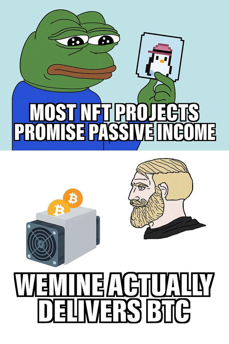 Most NFT projects: “Stake this JPG and pray.”  

<a href="/swissborg/">SwissBorg</a> <a href="/WeMineFi/">WeMine</a>: “Here’s real $BTC yield for $100.” 

No buzzwords. Just hashpower and daily sats. 🧵👇