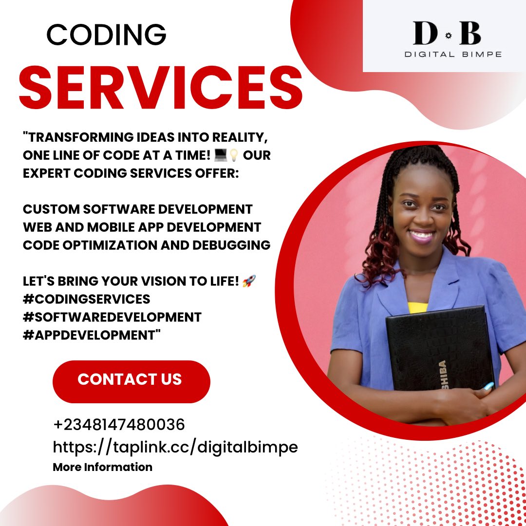digitalbimpe's tweet image. "Transforming ideas into reality, one line of code at a time! 💻💡 Our expert coding services offer:
Custom software development
Web and mobile app development
Code optimization and debugging
Let's bring your vision to life! 🚀 #CodingServices #SoftwareDevelopment