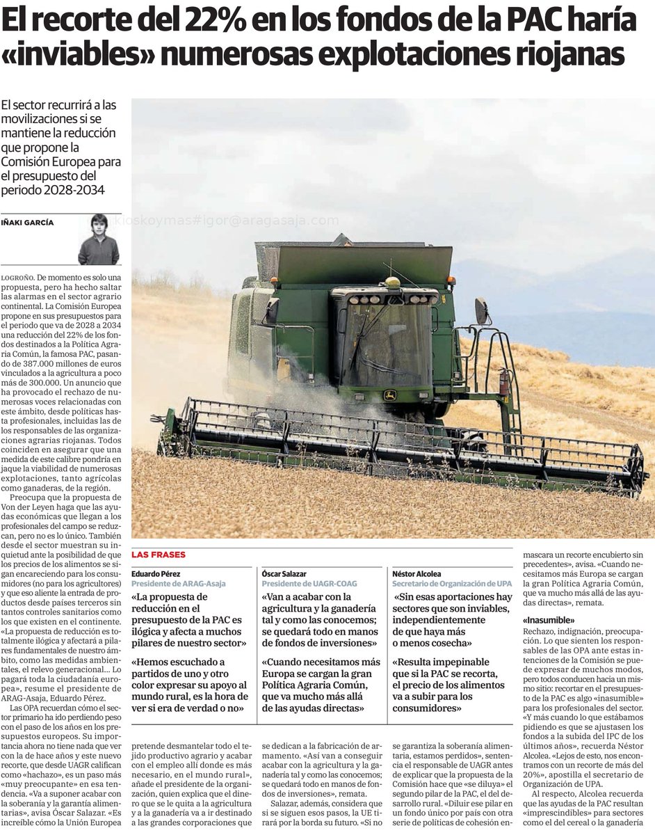 ✅Vamos a defender nuestra #agricultura y nuestra #ganadería.

📰 Así lo hemos expresado en <a href="/lariojacom/">lariojacom</a>  

"La reducción del presupuesto de la PACA es ilógica y afecta a muchos pilares esenciales de nuestro sector", afirma Eduardo Pérez, presidente de #aragasaja 

#PAC #EUROPA