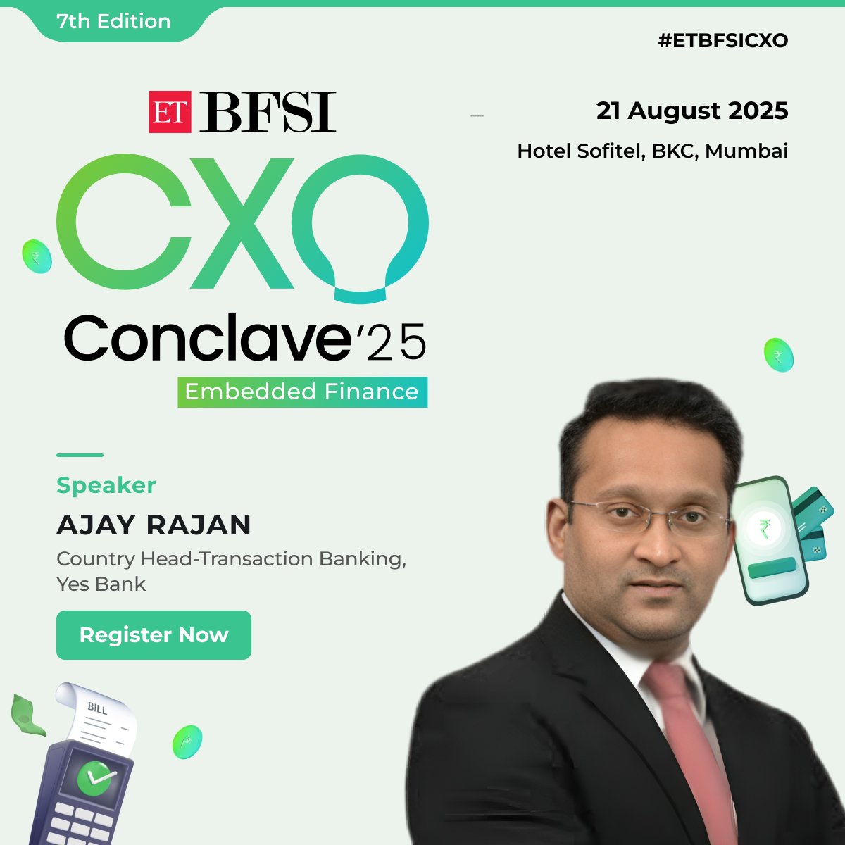 ET BFSI (@etbfsi) on Twitter photo Transaction Banking in the Digital Era
We’re excited to welcome Ajay Rajan, Country Head – Transaction Banking, <a href="/YESBANK/">YES BANK</a>, to the ETBFSI CXO Conclave 2025!
Register now: bfsi.economictimes.indiatimes.com/cxo-conclave?a…
#ETBFSICXO #ETCXOConclave #ETBFSI #LeadershipSummit #FutureOfFinance #BFSILeadership Transaction Banking in the Digital Era
We’re excited to welcome Ajay Rajan, Country Head – Transaction Banking, <a href="/YESBANK/">YES BANK</a>, to the ETBFSI CXO Conclave 2025!
Register now: bfsi.economictimes.indiatimes.com/cxo-conclave?a…
#ETBFSICXO #ETCXOConclave #ETBFSI #LeadershipSummit #FutureOfFinance #BFSILeadership