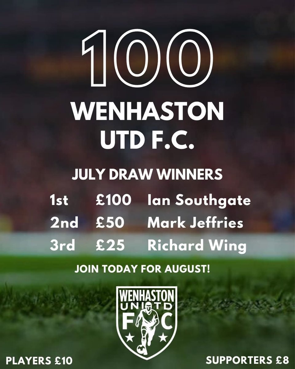 The Chairman conducted the 100 Club July draw following our home game against Southwold Town F.C. The results are in!

Please get in touch if you would like to be entered into the draw and most importantly, support your local club!