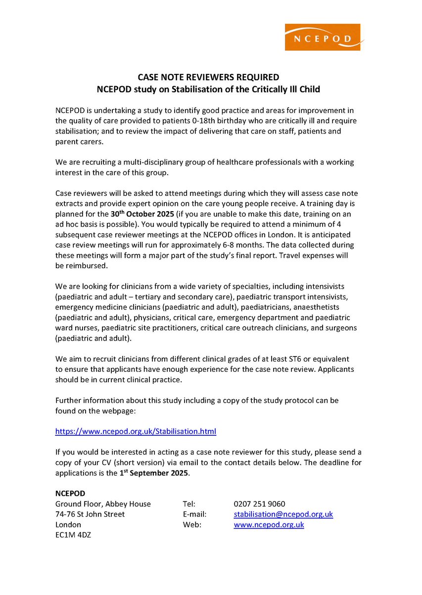 NCEPOD's tweet image. We're recruiting clinicians involved in stabilising critically ill children to join our team of case reviewers. For further information, please see the attached advert or contact us at stabilisation@ncepod.org.uk@PICSociety @FICMNews @ICS_updates @RCollEM @AssocPEM @RCPCHtweets