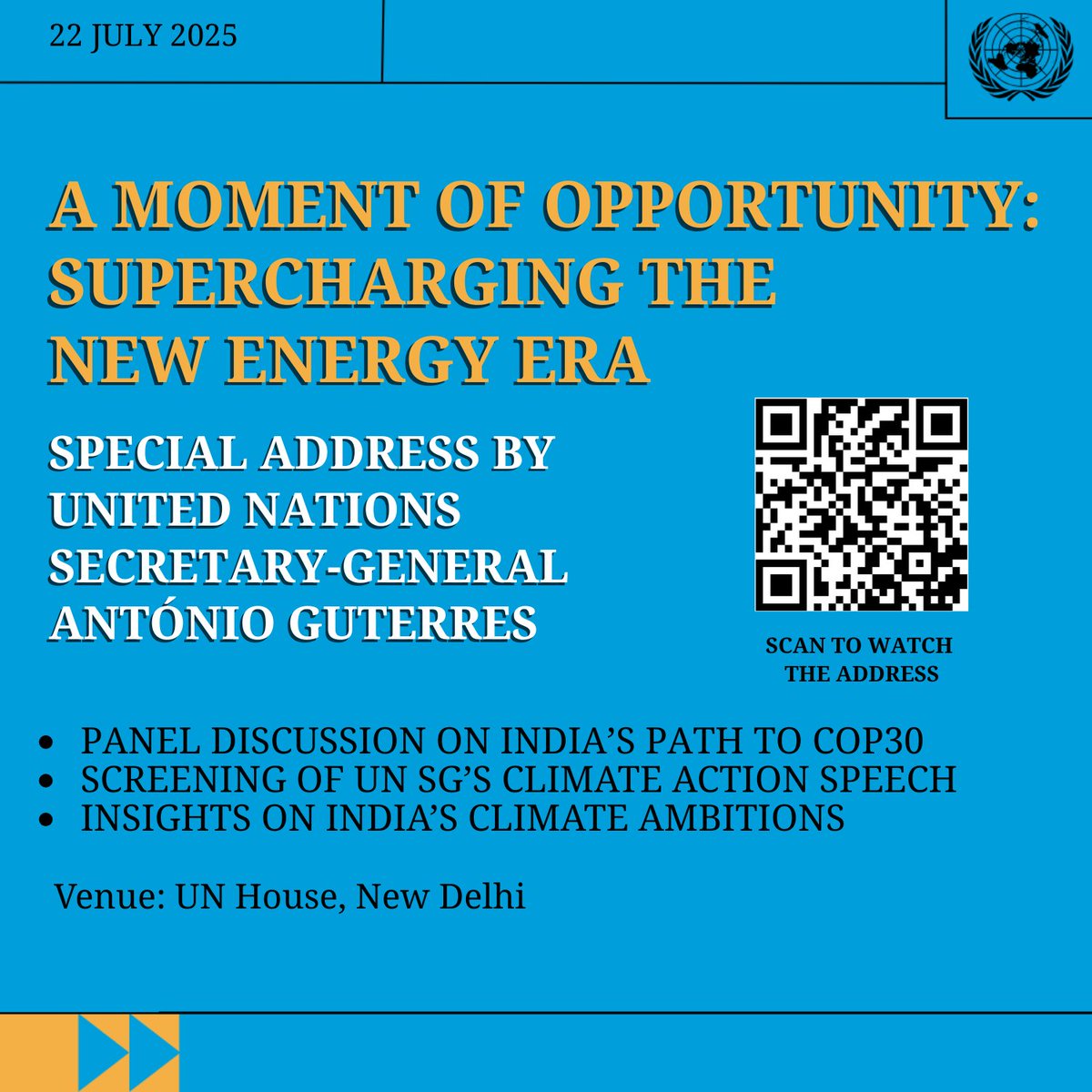 United Nations in India (@uninindia) on Twitter photo ๐At UN House in New Delhi today!
UN in India brings together stakeholders to reflect on the future of clean energy.
Join us to watch UN Secretary-General <a href="/antonioguterres/">Antรณnio Guterres</a> address on #ClimateAction titled โA Moment of Opportunityโ live at 6:30PM IST
๐บyoutube.com/live/4yYpxMiMHโฆ ๐At UN House in New Delhi today!
UN in India brings together stakeholders to reflect on the future of clean energy.
Join us to watch UN Secretary-General <a href="/antonioguterres/">Antรณnio Guterres</a> address on #ClimateAction titled โA Moment of Opportunityโ live at 6:30PM IST
๐บyoutube.com/live/4yYpxMiMHโฆ