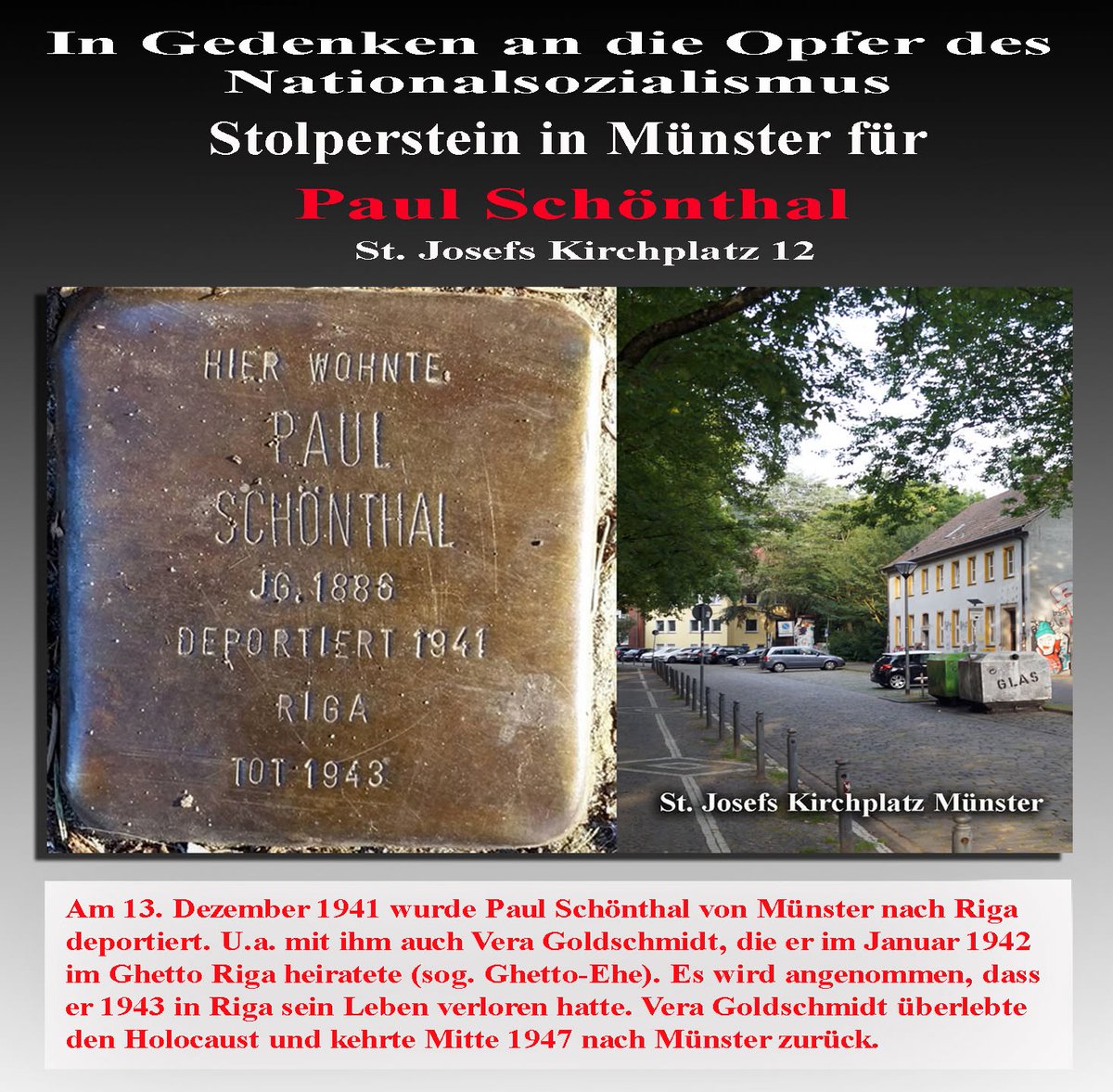 Muenstertube's tweet image. #Münster. Der tägliche Stolperstein gegen das Vergessen: Paul Schönthal #Antisemitismus #Stolpersteine #Niewiederistjetzt #Holocaust #noNazis #noAfD #WirSindDieBrandmauer #AfDVerbotjetzt #wirsindmehr #Riga
Mehr zum Schicksal des Nazi-Opfers hier:
muenstertube.wordpress.com/2023/06/02/ged…