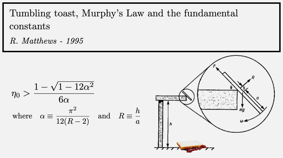 fermatslibrary's tweet photo. Human-like beings are doomed to drop toast butter-side down 🥪

In 1995, Robert Matthews wrote a paper showing that toast landing butter-side down isn’t just bad luck or evidence of Murphy’s Law 
('If it can go wrong, it will') - it’s physics and ultimately ascribable to the values of the fundamental constants.

Toast typically begins to rotate as it tips off a table, but the height of most tables (~75 cm) is just enough for it to rotate about half a turn, landing butter-side down. This isn’t due to butter's weight or aerodynamics, which are negligible. Rather, it's about the torque and time during the fall.

In this paper, Matthews builds a detailed dynamical model of the toast’s tumble and shows experimentally that under realistic conditions (with little horizontal velocity), there's a built-in bias toward a butter-side down landing.

Surprisingly, this bias is linked to fundamental constants: table height is constrained by human height, which in turn is limited by biomechanical stability and molecular bond strength (à la Press, 1980). Given the values of fundamental constants, the result is universal - all intelligent, human-like beings are doomed to drop toast butter-side down.

To avoid this fate? A little push adds horizontal velocity, reducing rotational torque, a counterintuitive fix but backed by physics.