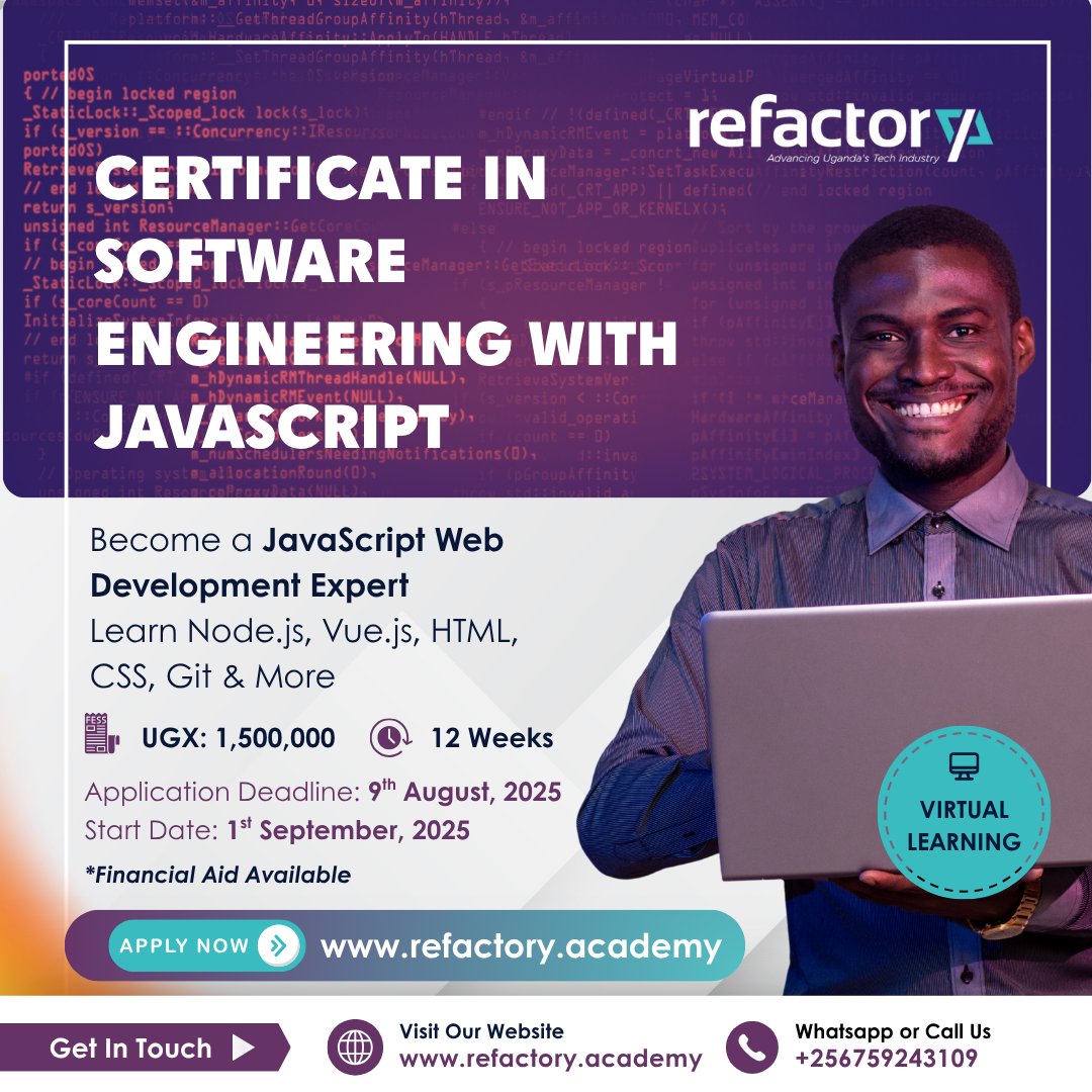 refactory_acad's tweet image. Are you looking to take over the tech space? Become a Python Developer or a JavaScript Web Development Expert 💻 with Refactory's 12-week virtual certificate programs now open for applications.
Application deadline: August 9th, 2025
Start date: September 1st, 2025.
Full…
