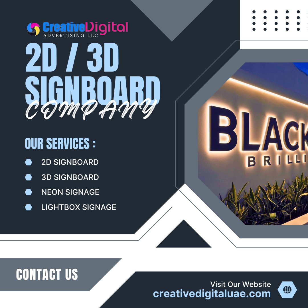 creativeadvtdxb's tweet image. Enhance your brand visibility with our professional 2D and 3D Signboard Services. We specialize in creating eye-catching signage that gives your business a unique and memorable identity. 
📱 Call or WhatsApp # +971 56 730 5891
#2DSignage #3DSignage #SignboardDesign #BusinessSigns