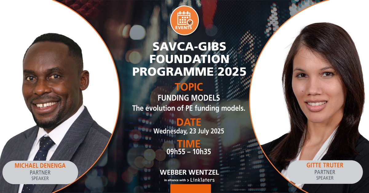 webberwentzel's tweet image. Gitte Truter and Michael Denenga, Partners at Webber Wentzel, will be speaking at the SAVCA-GIBS Foundation Programme 2025, where they will discuss the evolution of private equity funding models.
Hosted by SAVCA, the programme explores the private equity value chain and life…