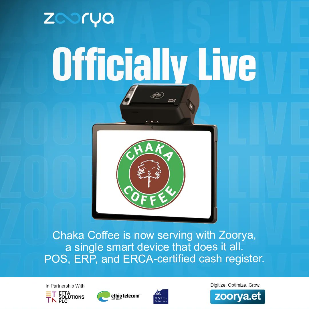 ZooryaEt's tweet image. Chaka Coffee is now running smarter with POS, ERP, and ERCA-certified cash register in one device.  No clutter. No delays. All powered by Zoorya.  
Visit zoorya.et  #ZooryaEthiopia #BusinessAutomation  #POS #ETTASolutions #dashenbank #Ethiotelecom #chakacoffee
