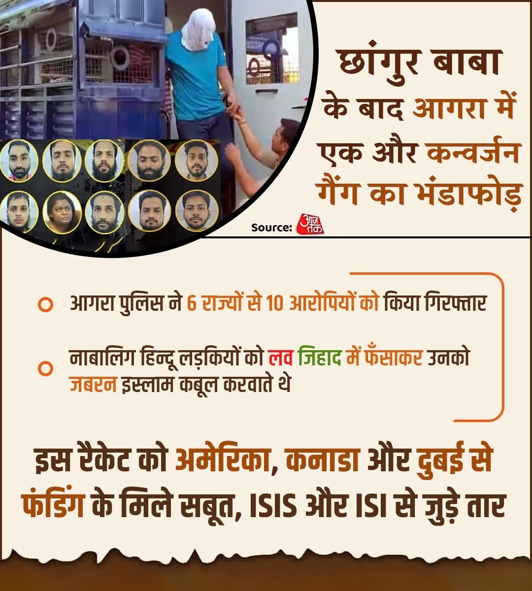 🛑 छांगुर के बाद अब आगरा में कन्वर्जन गैंग का खुलासा!
6 राज्यों से 10 आरोपी गिरफ्तार। ब्रेनवॉश कर लड़कियों को बहकाया, जबरन धर्मांतरण कराया। अमेरिका-दुबई से फंडिंग, ISIS-ISI से संबंध।
#ConversionJihad #BrainwashedVictims #LoveJihad #छांगुर_गैंग #SaveOurDaughters #NationUnderAttack