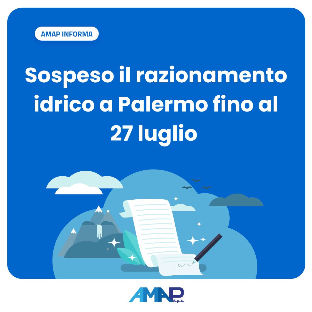 🔵 #amapinforma
Alla luce dell’ondata di calore prevista nei prossimi giorni in città, il sindaco Roberto Lagalla ha disposto l’immediata sospensione del razionamento idrico. 🔗bit.ly/46ngk6P