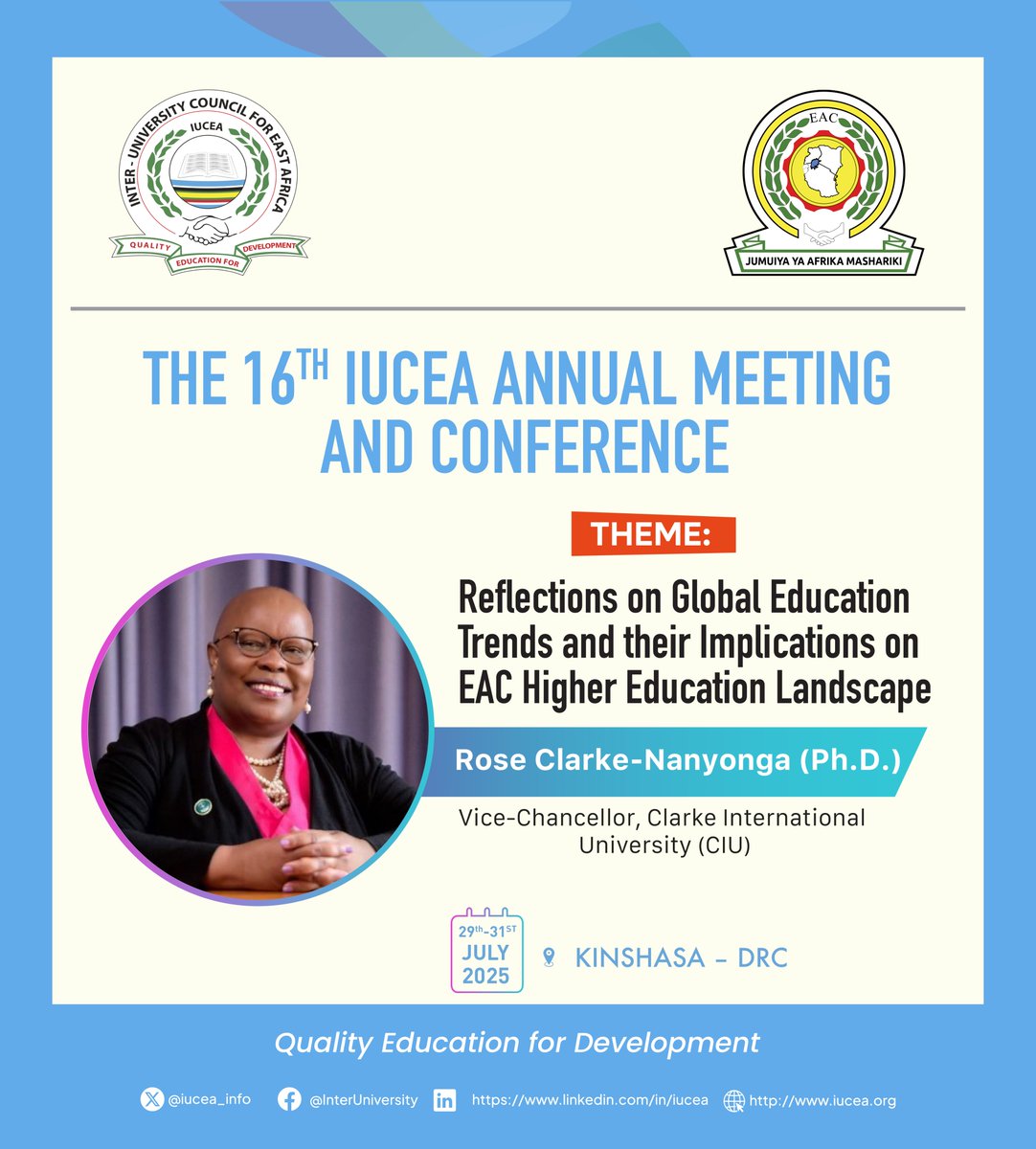 iucea_info's tweet image. Prof.@RoseNanyongaCla ,VC of CIU is scheduled to speak at the @iucea_info Annual Meeting and Conference from July 29 to 31, 2025, in Kinshasa. Prof. Nanyonga is a well-established scholar and inspiring leader in healthcare,researcher,nurse,mentor,and global health enthusiast.