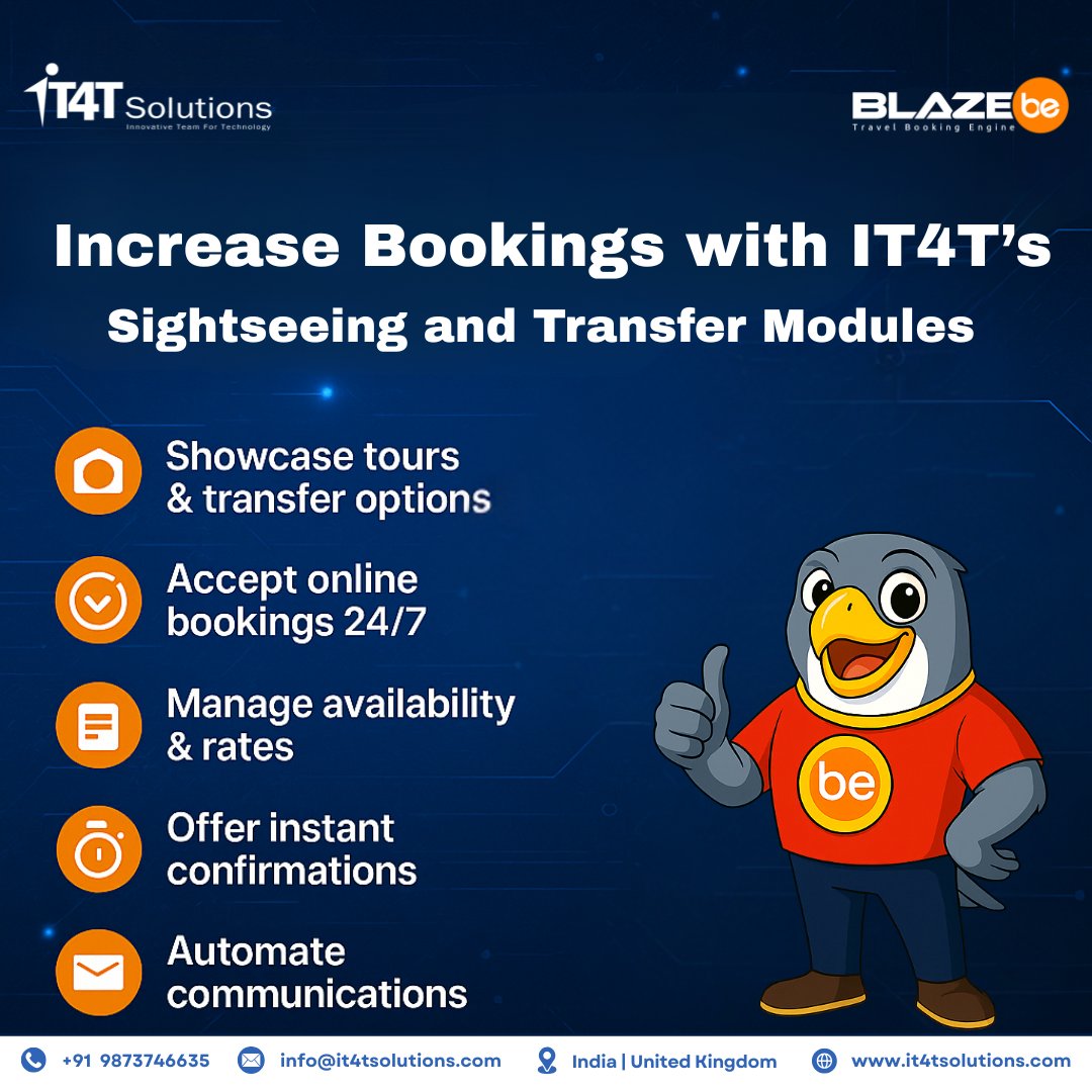 it4tsolutions's tweet image. 🚀Increase Your Bookings Instantly with IT4T’s Sightseeing &amp;amp; Transfer Modules!🌍🚌

Empower your travel business with smarter product - 𝗕𝗹𝗮𝘇𝗲𝗕𝗘, from @it4tsolutions. 

#TravelBookingEngine #IT4TSolutions #Sightseeing #Transfers #TravelBusiness #BlazeBE #TravelCRM