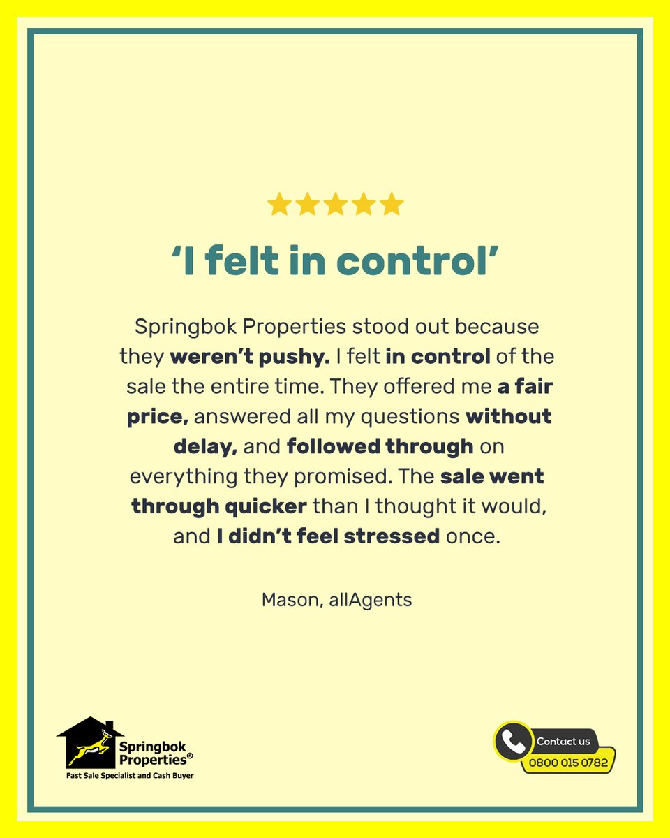 If this is exactly what you want when you're #selling, get your #cashoffer today at: bit.ly/3FD57yo 
#sellwithSpringbok #customerreview #testimonial #feedback #incontrol #quicksale #fastsale #quickhousesale #fasthousesale