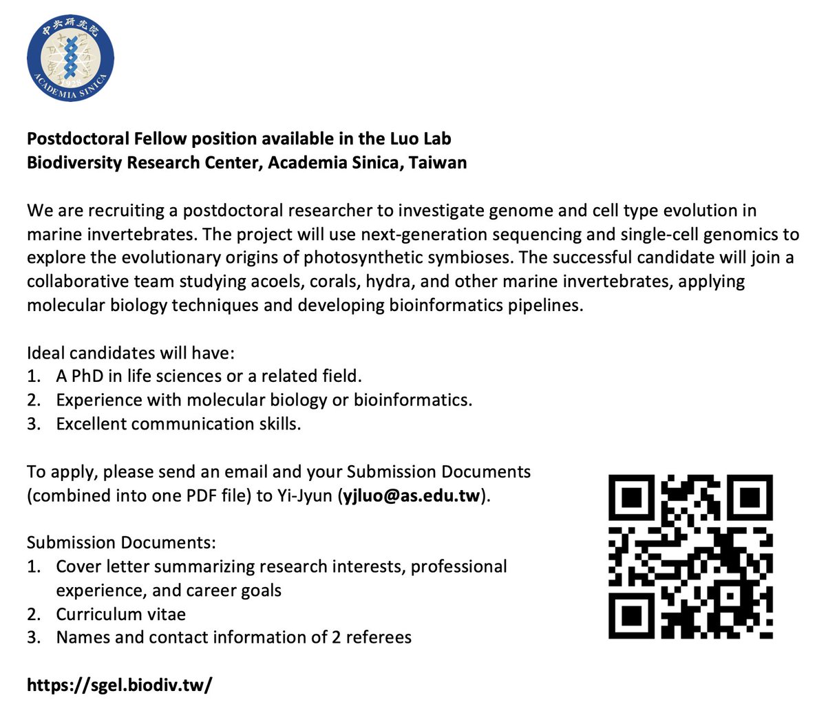 We're recruiting a postdoc to study animal–algal symbiosis in green hydra at Academia Sinica, Taipei. If you're interested in symbiosis, genome biology, and sequencing technologies, get in touch! More at: sgel.biodiv.tw