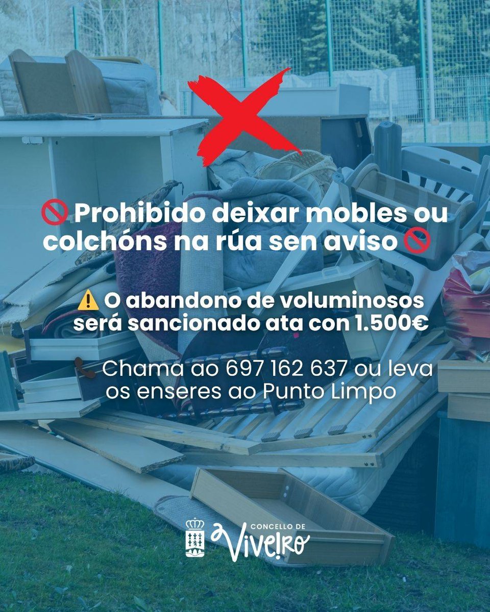 🚯 O Concello de Viveiro lembra que está prohibido abandonar residuos voluminosos na vía pública.

🚨 Desde o Concello lémbrase tamén que depositar residuos voluminosos na rúa sen autorización pode ser sancionado.

ℹ️ Máis info: 🔗 goo.su/H0YSU4
