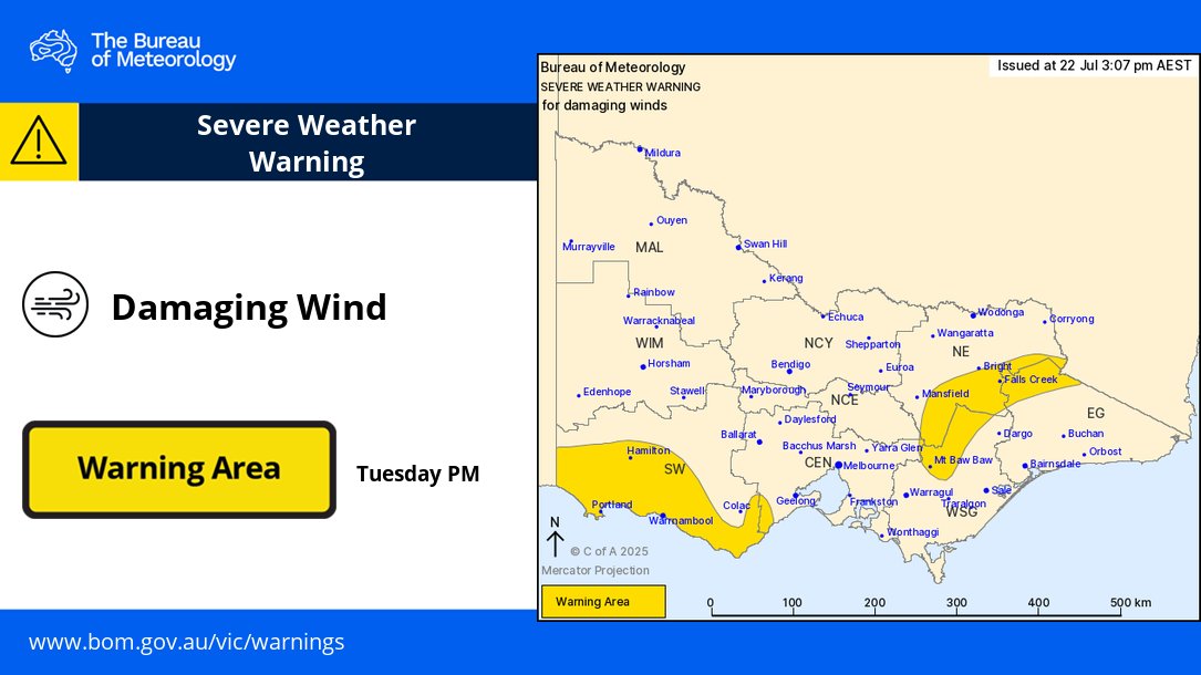 ⚠️🌬️ 3:07pm: Severe Weather Warning for damaging #winds in parts of East Gippsland, South West, North East, West and South Gippsland, Central and North Central Districts, including #blizzard conditions in the Alps.

Details: bom.gov.au/products/IDV21…