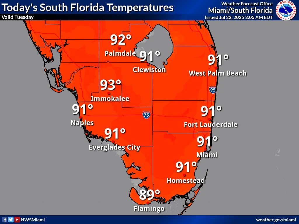 NWSMiami's tweet image. Increasing showers and thunderstorms expected today across SoFlo, with the most activity anticipated for interior sections. There is a marginal risk for excessive rainfall as localized flooding will be possible. High temps will reach the low 90s. #flwx