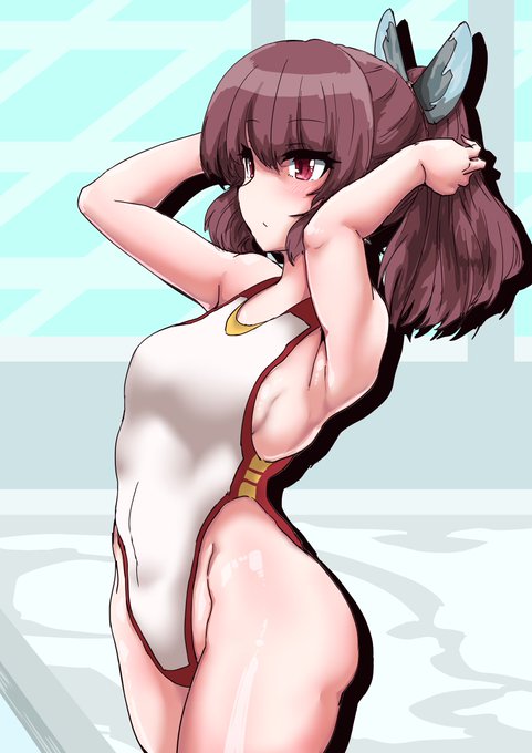 今日の日課は鋭角白競泳水着きりたんです 