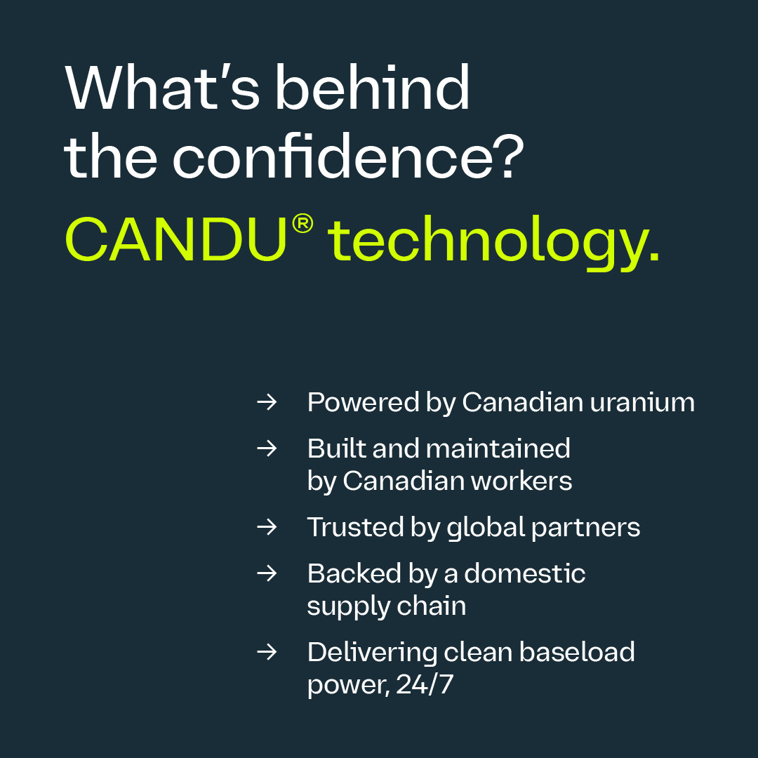 Canadians4CANDU's tweet image. Canada’s energy future is electric, and CANDU® nuclear is powering it. 🔋
🇨🇦 Homegrown, reliable, and globally respected, CANDU technology delivers clean baseload power while supporting a fully domestic supply chain.
We’re not just generating electricity, we’re creating jobs,…