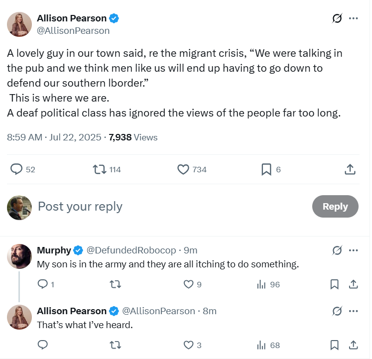 PWestoff's tweet image. As some readers will know, I wrote a 2 part article in 2007 about civil war in Europe in 2025. You can find them under "Articles" in my X bio. I mention this now, simply because of the following remarks left on DT journalist Allison Pearson's X feed. See below. @AllisonPearson
