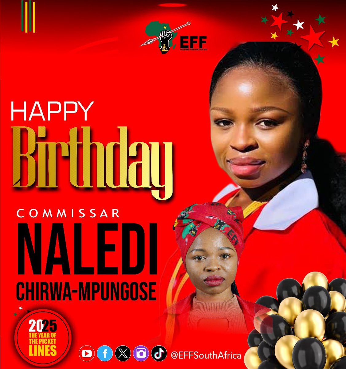 ♦️Birthday Alert♦️

The EFF wishes Commissar <a href="/NalediChirwa/">Fighter 🇵🇸</a> a revolutionary happy birthday.

We are grateful and motivated by your fortitude, courage and unwavering commitment to freedom and justice for all!