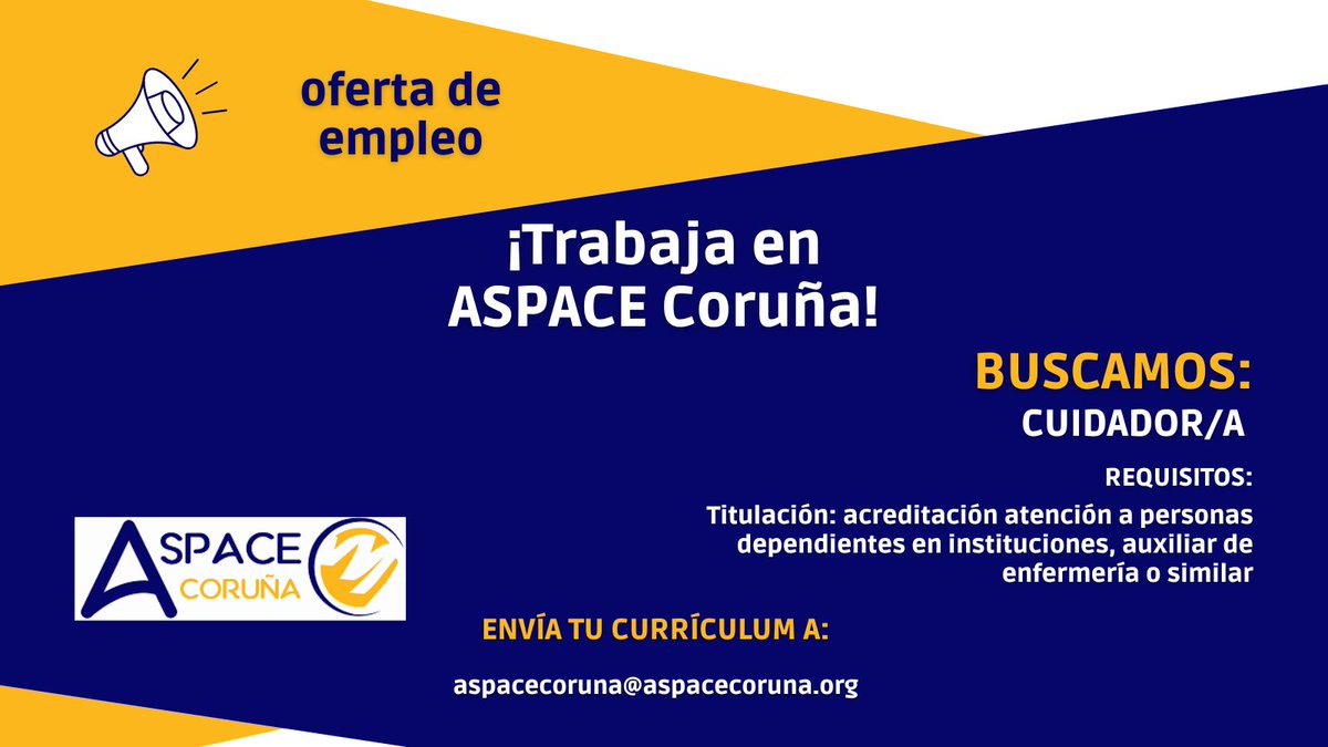 ASPACE Coruña (@aspacecoruna) on Twitter photo 📣OFERTA DE EMPLEO: ASPACE Coruña selecciona CUIDADOR/A para su Centro Residencial. Incorporación inmediata. Las personas interesadas pueden enviar su currículum a aspacecoruna@aspacecoruna.org.
#SomosASPACE #ParálisisCerebral #ofertadeempleo 📣OFERTA DE EMPLEO: ASPACE Coruña selecciona CUIDADOR/A para su Centro Residencial. Incorporación inmediata. Las personas interesadas pueden enviar su currículum a aspacecoruna@aspacecoruna.org.
#SomosASPACE #ParálisisCerebral #ofertadeempleo