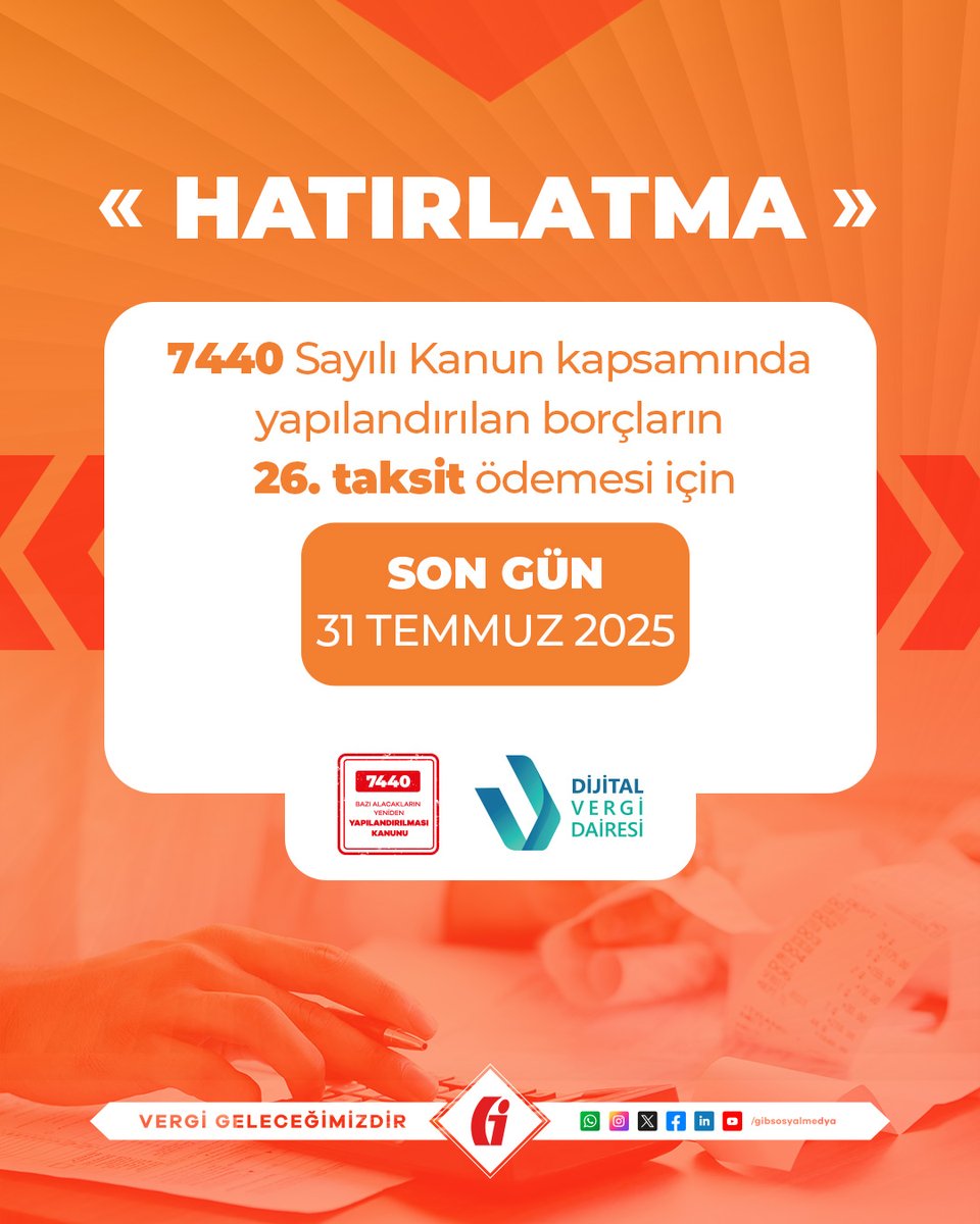 #Hatırlatma 📌

YAPILANDIRMA ödemelerinizi Dijital Vergi Dairesi üzerinden yapabilirsiniz.

#7440SayılıYapılandırmaKanunu

dijital.gib.gov.tr

#GİB #VergiGeleceğimizdir