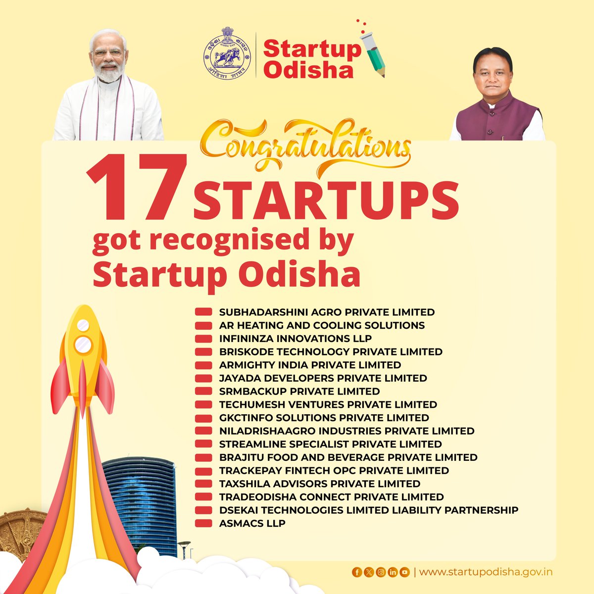 17 new startups received recognition under Startup Odisha, further reinforcing our dynamic innovation and entrepreneurship ecosystem!

Congratulations to the visionary founders who will transform Odisha into a thriving global hub for startups.

#Congratulations #StartupOdisha