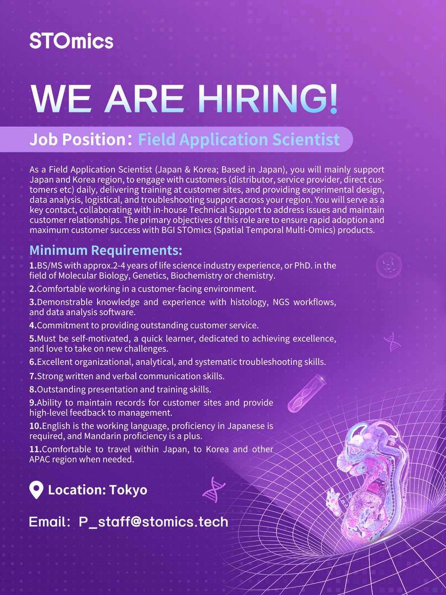 ST_Omics's tweet image. 🚀 We’re Hiring: Field Application Scientist (FAS). STOmics is actively seeking a highly motivated and technically proficient FAS to join our expanding team in Tokyo, Japan. Interested in learning more? Check out the poster for details! 🔗 P_staff@stomics.tech #Hiring #Spatialbio