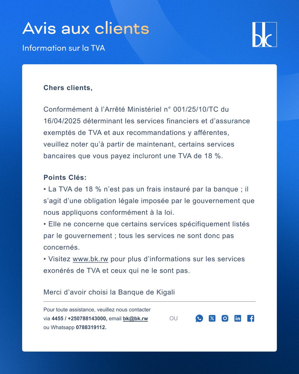 BankofKigali's tweet image. ITANGAZO RIGENEWE ABAKILIYA - NOTICE TO CUSTOMERS - AVIS AUX CLIENTS