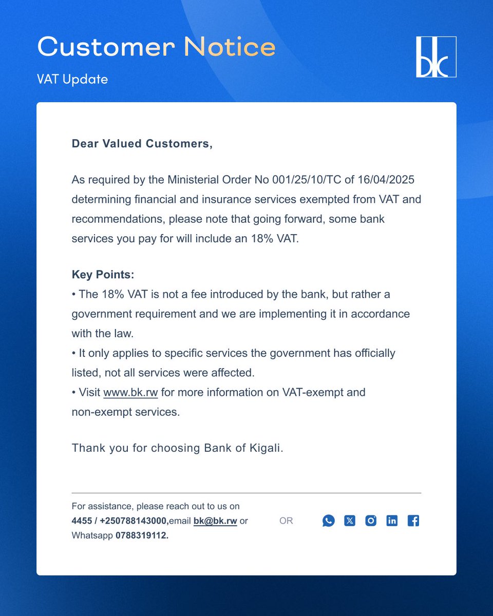 BankofKigali's tweet image. ITANGAZO RIGENEWE ABAKILIYA - NOTICE TO CUSTOMERS - AVIS AUX CLIENTS