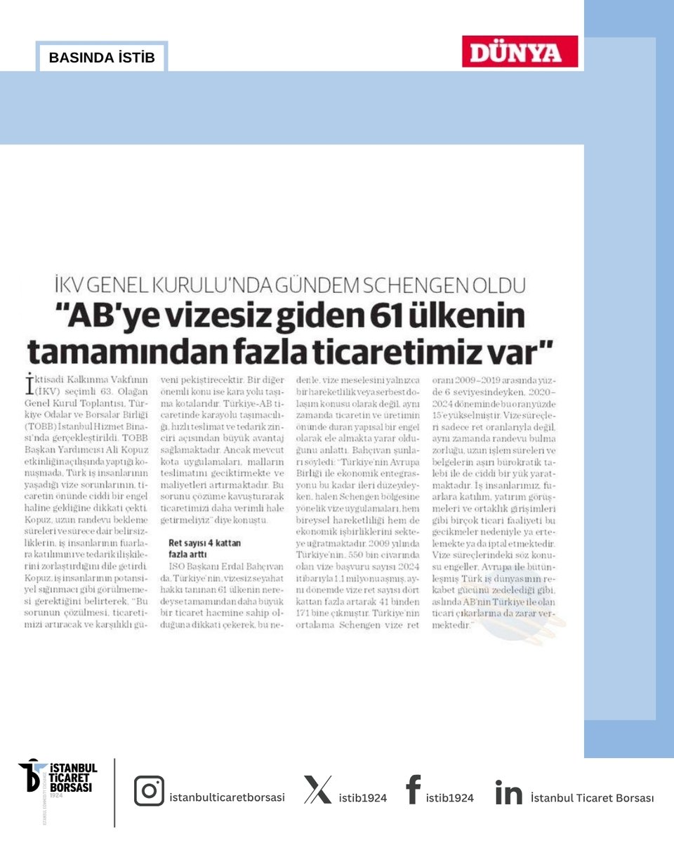 İSTİB Başkanı Ali Kopuz’un, İKV Genel Kurulunda yaptığı açıklamanın basın yansımaları: "İş insanları potansiyel sığınmacı olarak görülmemeli"