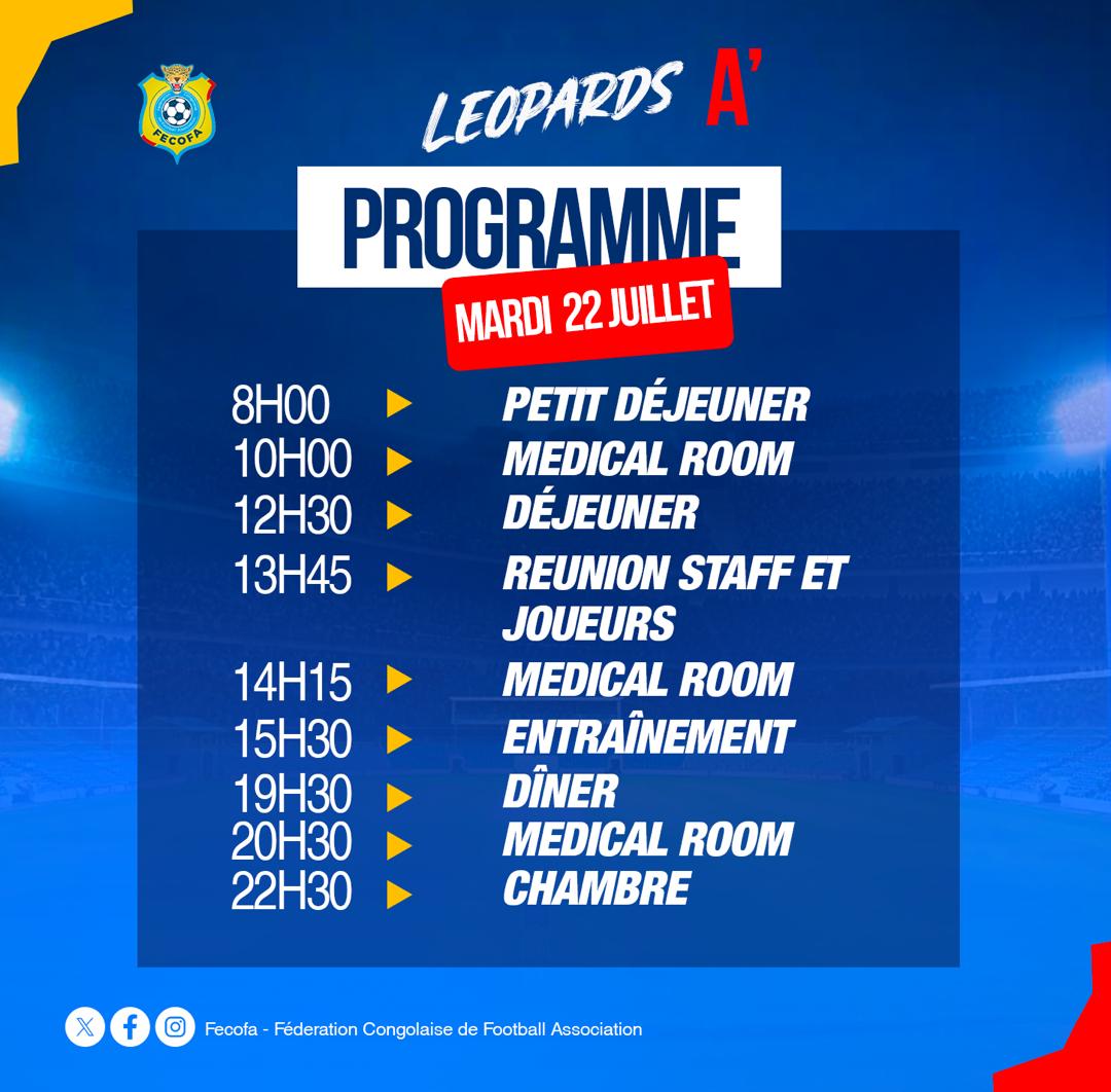 FecofaRdc's tweet image. [Programme du jour]

Une seule session d&apos;entraînement dans l&apos;après-midi de ce mardi 22 juillet 2025 et une réunion entre Staff et Joueurs.

#PréparationCHAN2024 #TotalEnergiesCHAN2024 #EnRouteVersLeCHAN