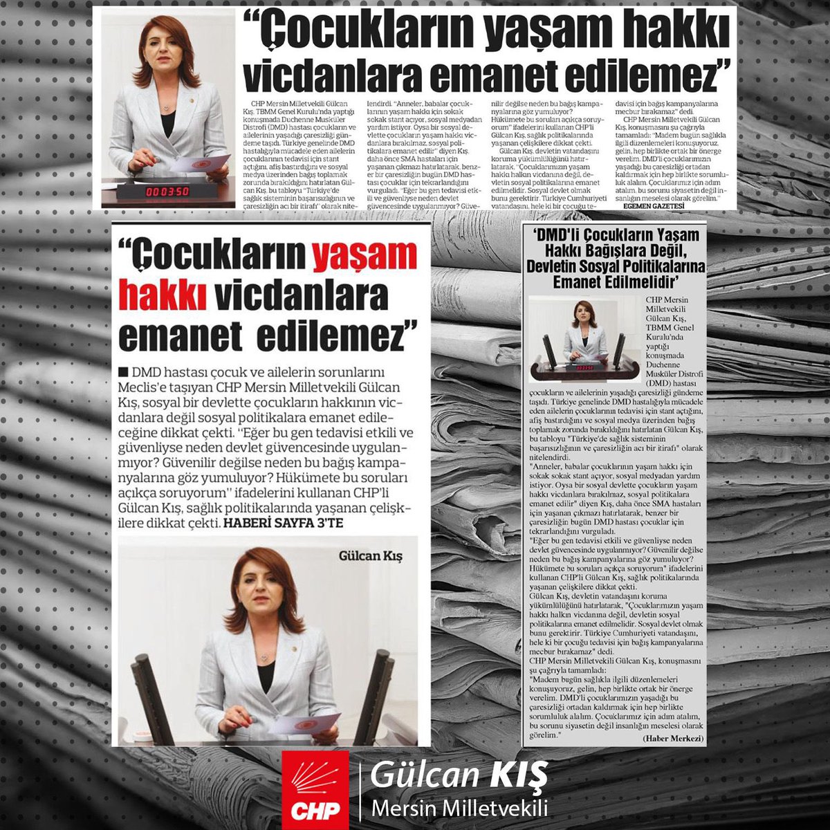 GulcanKis's tweet photo. -BASINDAN-
Çocuklarımızın yaşam hakkı vicdanlara değil, sosyal politikalara emanet edilmelidir!
DMD’li çocuklarımızın kaderi bağış kampanyalarına bırakılmamalı.
Sağlık bir lütuf değil, anayasal haktır.
Sosyal devlet sorumluluğunu yerine getirmelidir! 

#DMD #sağlıkbakanlığı #sağlıklıyaşam #Basından #TBMM