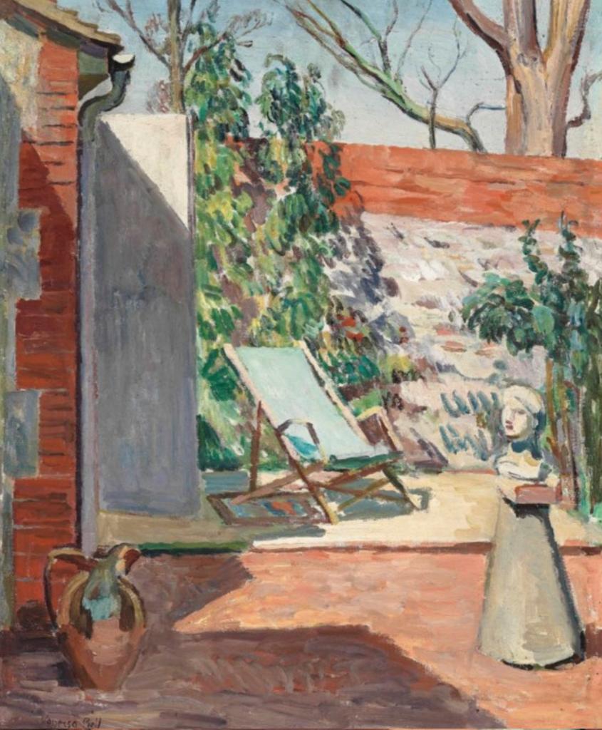 ahistoryinart's tweet image. 'Garden in Sunlight,' by Vanessa Bell was painted in the late 1930s and shows part of the garden at Charleston; the double doors lead into Duncan Grant’s studio, the orange shape under the deckchair is a mosaic of a goldfish, made around 1917.
