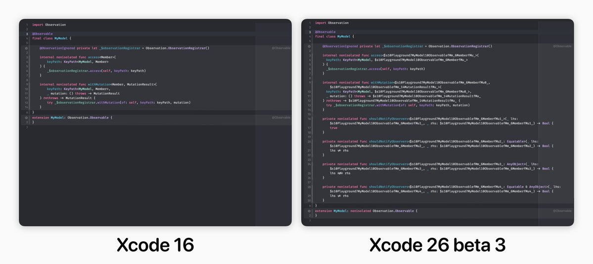 simonbs's tweet image. This took me by surprise. The code generated by the @Observable macro in Xcode 26 beta 3 is noticeably different from what Xcode 16 produced.