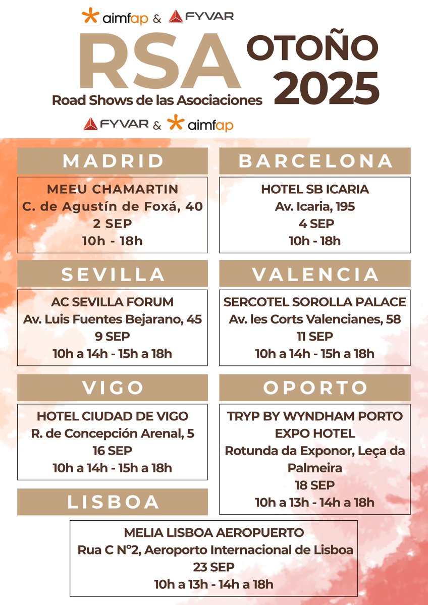 aimfap's tweet image. ¡Los Road Shows de Otoño 2025 comienzan en septiembre! 🍂𝘈𝘐𝘔𝘍𝘈𝘗 y 𝘍𝘠𝘝𝘈𝘙 organizan una nueva edición de los 𝙍𝙎𝘼, el punto de encuentro para los profesionales del sector PTO. Entrada gratuita. I͟n͟s͟c͟r͟í͟b͟e͟t͟e͟: aimfap.com/roadshows-oton…