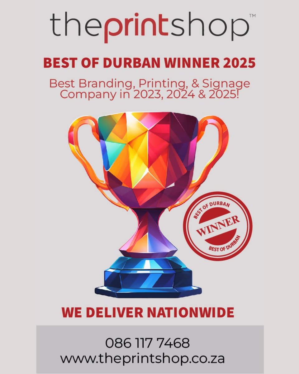 ThePrintShopSA's tweet photo. Unstoppable Excellence! The Print Shop, proudly crowned Best of Durban 2025 and your No. 1 company for Branding, Printing &amp; Signage in 2023, 2024 and 2025.
Visit our website: https://t.co/M9SsACcgwX
Email: info@theprintshop.co.za
Call: 086 117 7468
Whatsapp: 066 016 2185 https://t.co/O9r2ubao4i