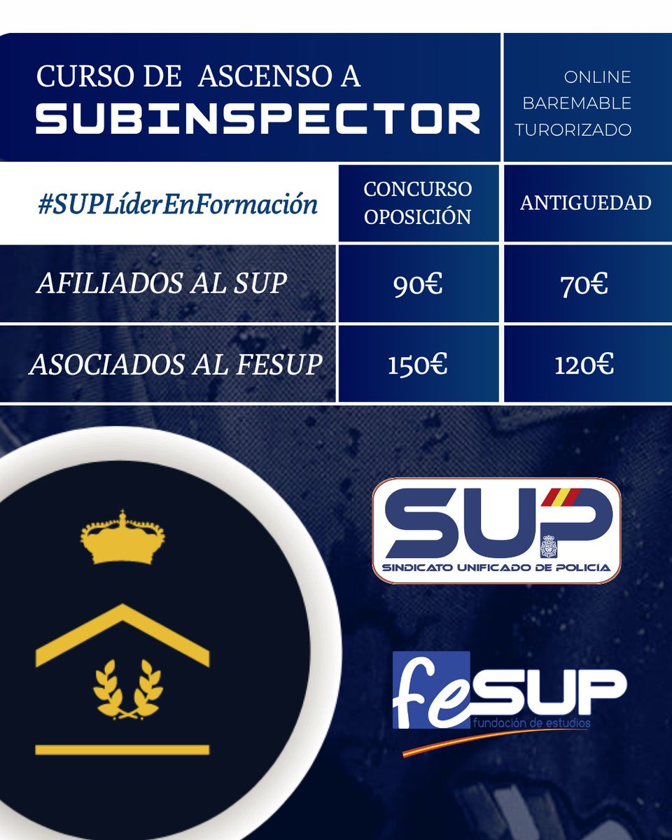Sup_Policia's tweet image. 🚨Publicadas bases convocatoria proceso selectivo de #ascenso a #Subinspector/a en la O.G.
4⃣2⃣5⃣ plazas
Plazo: 15 días hábiles. Pago tasa en webpol.
Mañana colgarán el temario de apoyo en webpol.
#SUPLíderEnFormación
¡Prepárate con los mejores! ⤵️
supformacion.es/curso-preparac…