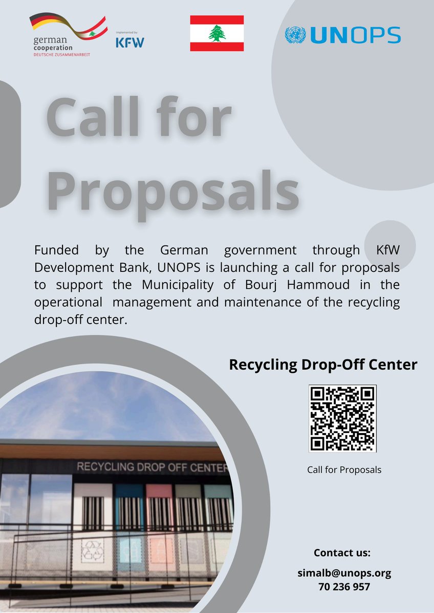 UNOPSMiddleEast's tweet image. منحة جديدة ضمن مشروع "سمة" الممول من الحكومة الألمانية @GermanEmbBeirut من خلال @KfW_FZ_int والمنفذ من قبل @UNOPS
👇 ندعو المنظمات المحلية غير الحكومية لتقديم العروض لدعم بلدية برج حمود في تشغيل وصيانة مركز تجميع النفايات القابلة لإعادة التدوير.