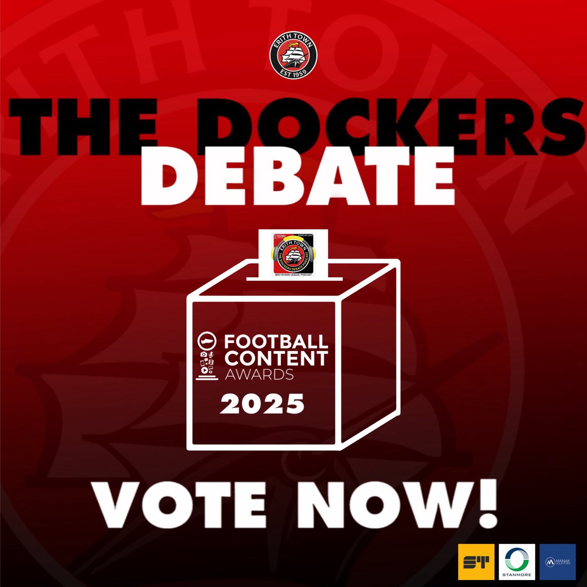 🗳️ | The <a href="/The_FCAs/">Football Content Awards</a> 2025

Nominations for #TheFCAs2025 is back &amp; we need you!

To vote for both Erith Town &amp; #TheDockersDebate, follow the link below and vote in the following categories:

🔘 Best Podcast - Organisation
🔘 Best In Non-League

docs.google.com/forms/d/e/1FAI…

#UpTheDockers