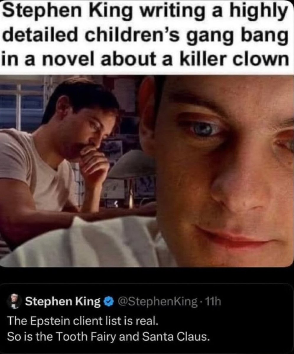 RedpillDrifter's tweet image. You all seen the movie IT but never read the book have you
Yes, Stephen King wrote in a detailed child orgy that involves the character Beverly Marsh initiating sexual activity with the male members in the sewers after the first encounter with Pennywise
It's only in the book