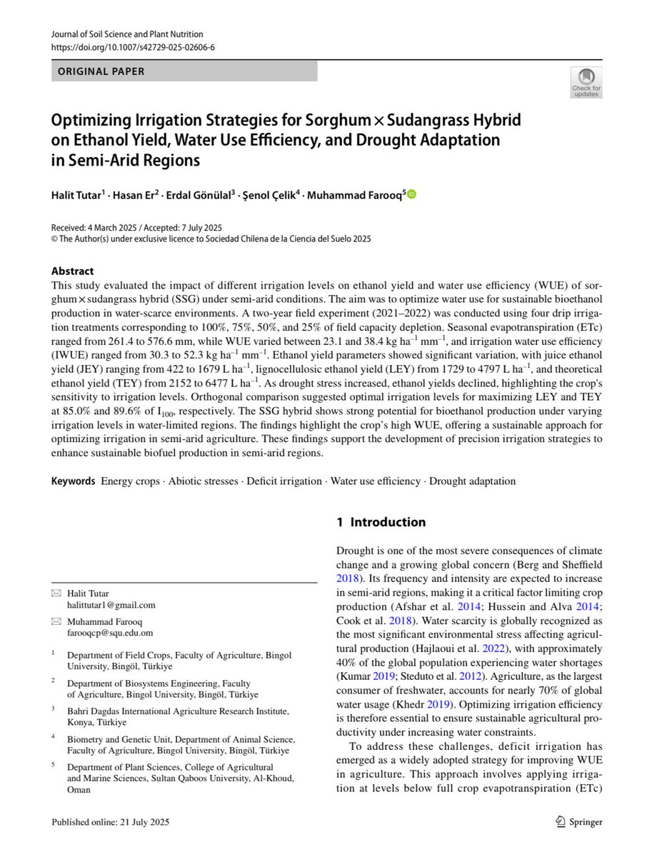🎉 Yeni Q1 yayını!

Makalemiz Q1 sınıfında yer alan Journal of Soil Science and Plant Nutrition (Springer) dergisinde yayınlandı. 

<a href="/hasaner25/">Hasan ER</a> 

#Bioenergy #WUE #SustainableAgriculture #Sorghum 

doi.org/10.1007/s42729…