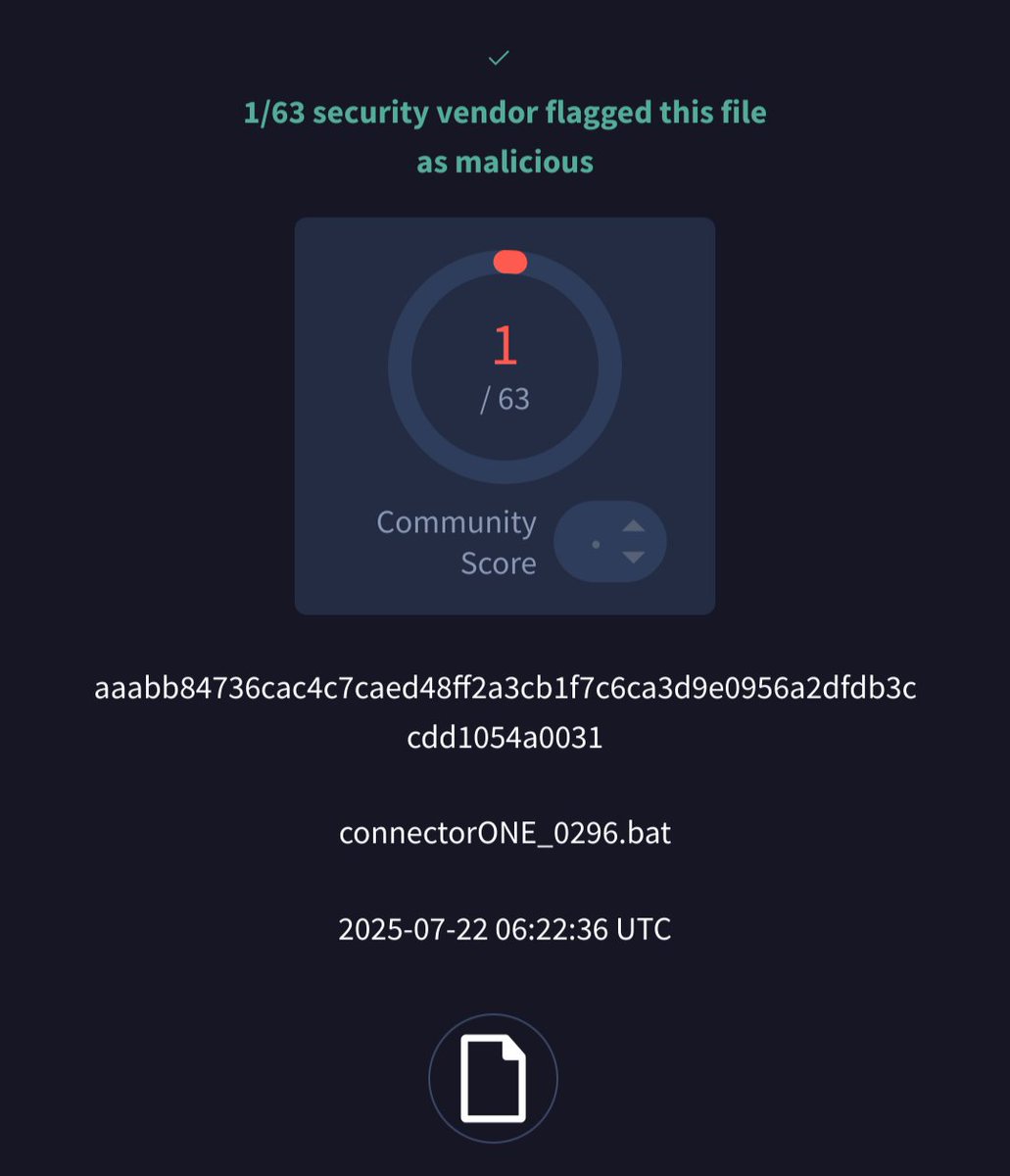 'connectorONE_0296.bat' with low detection 
<a href="/abuse_ch/">abuse.ch</a> 
bazaar.abuse.ch/sample/aaabb84… 
TCP: 185(.)126(.)82(.)114:4441