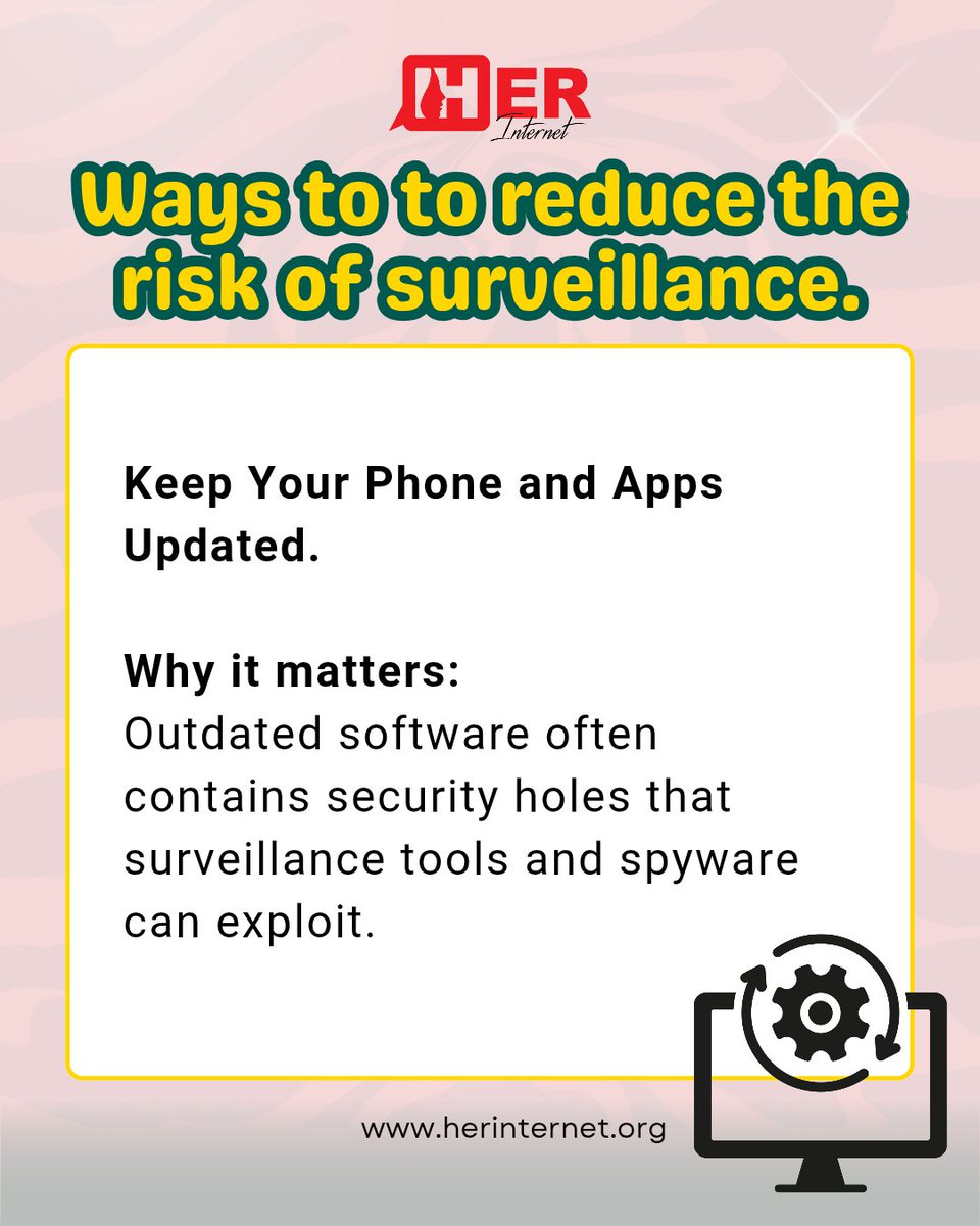 HerInternet's tweet image. From phone tapping and spyware to doxxing and fake leaks, digital threats are used to intimidate, discredit, and isolate, especially for womxn in politics and structurally silenced communities.
Here are four ways to reduce your risk of being watched.
#TechTuesday