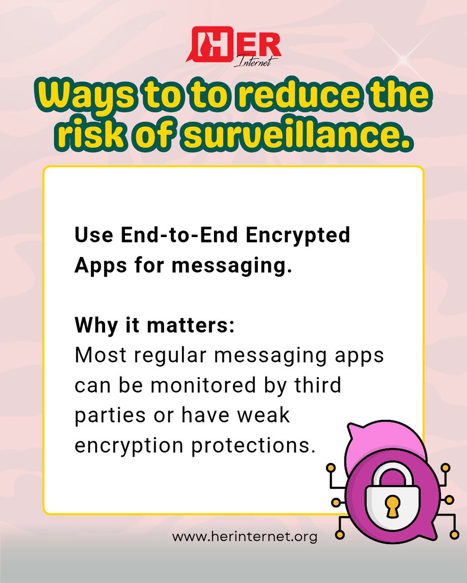 HerInternet's tweet image. From phone tapping and spyware to doxxing and fake leaks, digital threats are used to intimidate, discredit, and isolate, especially for womxn in politics and structurally silenced communities.
Here are four ways to reduce your risk of being watched.
#TechTuesday