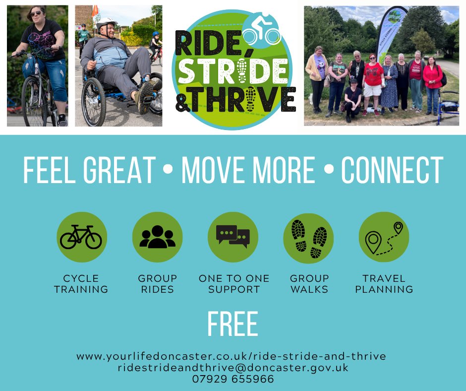 MyDoncaster's tweet image. Want to learn to ride a bike, join a local walking group or are just keen to build your confidence getting out and about in your community? We’ve got free support for adults of all abilities and fitness levels!
🌐Find out more and get involved: yourlifedoncaster.co.uk/ride-stride-an…